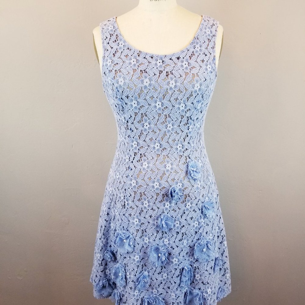 Ryu Women's Size Small Sleeveless Blue Lace Dress with Flower Embellishments